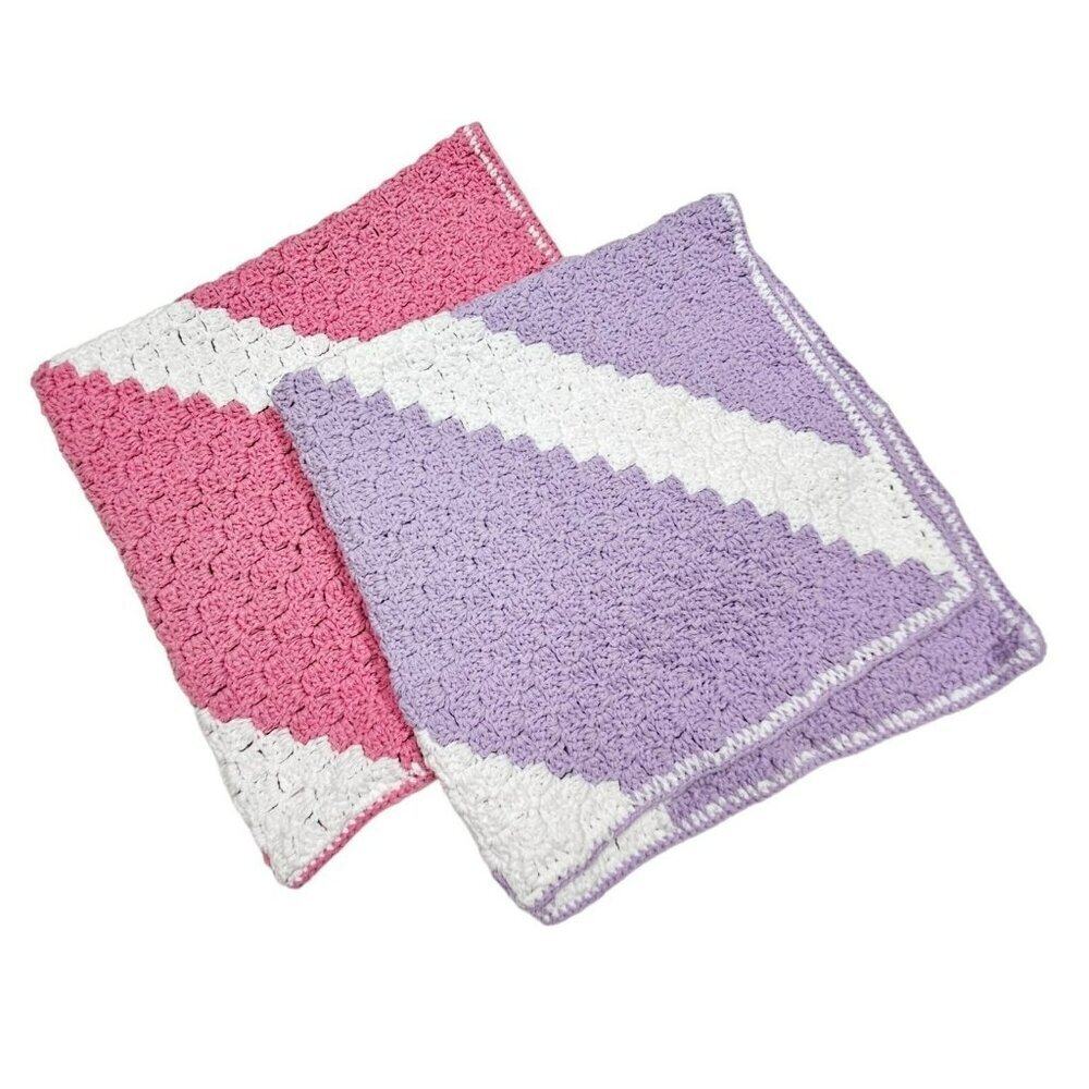 Lot Of 2 Handmade Crocheted Baby Blankets Diagonal Stripe 100% Acrylic Soft Cozy